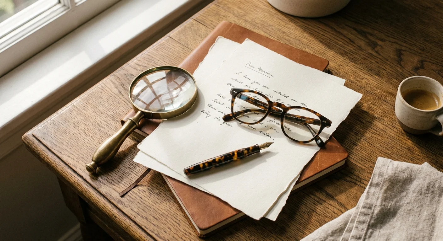 A magnifying glass and pen resting on paperwork on a wooden desk.