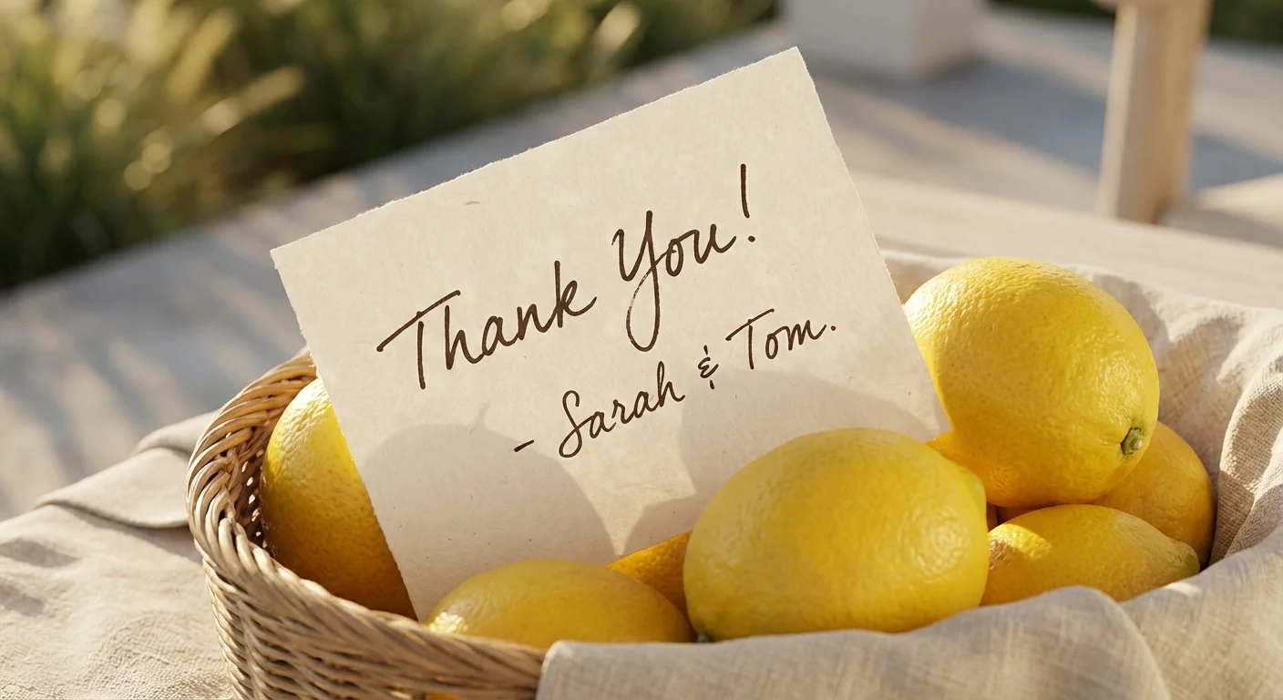 A thank you note in a basket of lemons on a sunny front porch.