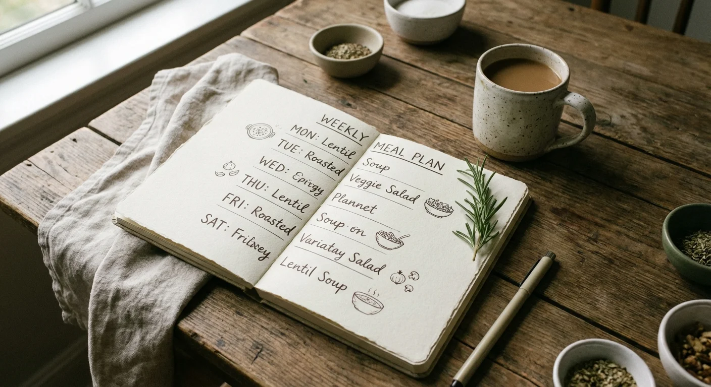 A minimalist weekly meal planning template on a wooden table next to a coffee cup.