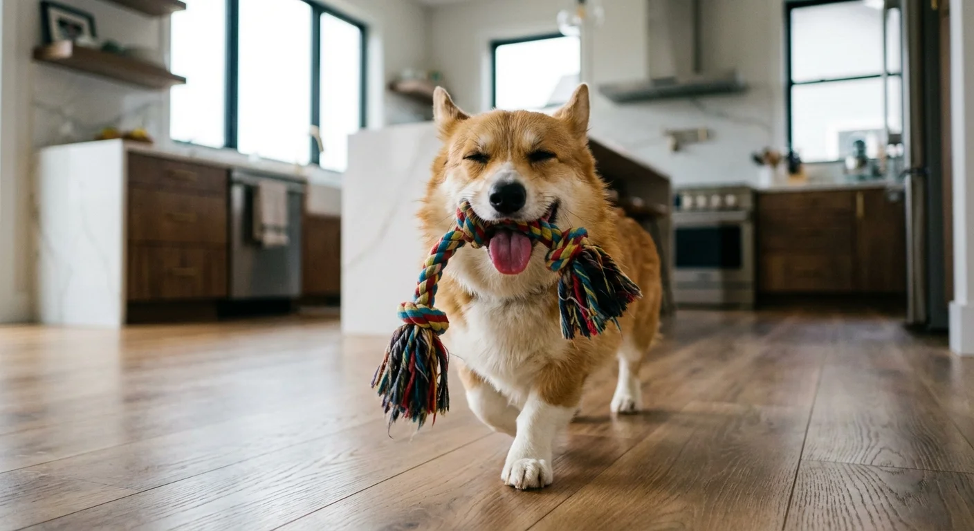 A happy Corgi playing in a bright, modern home, representing the joy and hidden costs of pet ownership.