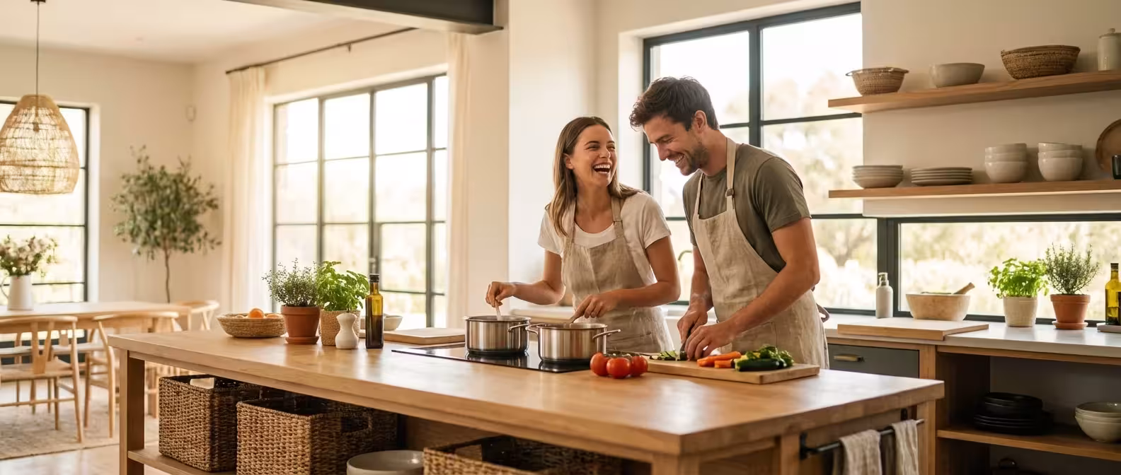 A laughing couple cooks together at a wooden island in a bright, spacious modern kitchen.