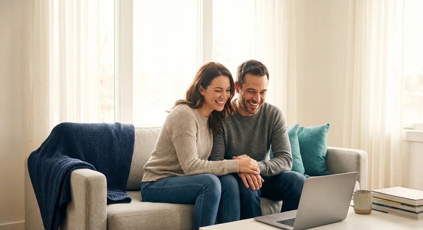 A happy couple looking at a laptop in a sunlit modern living room.