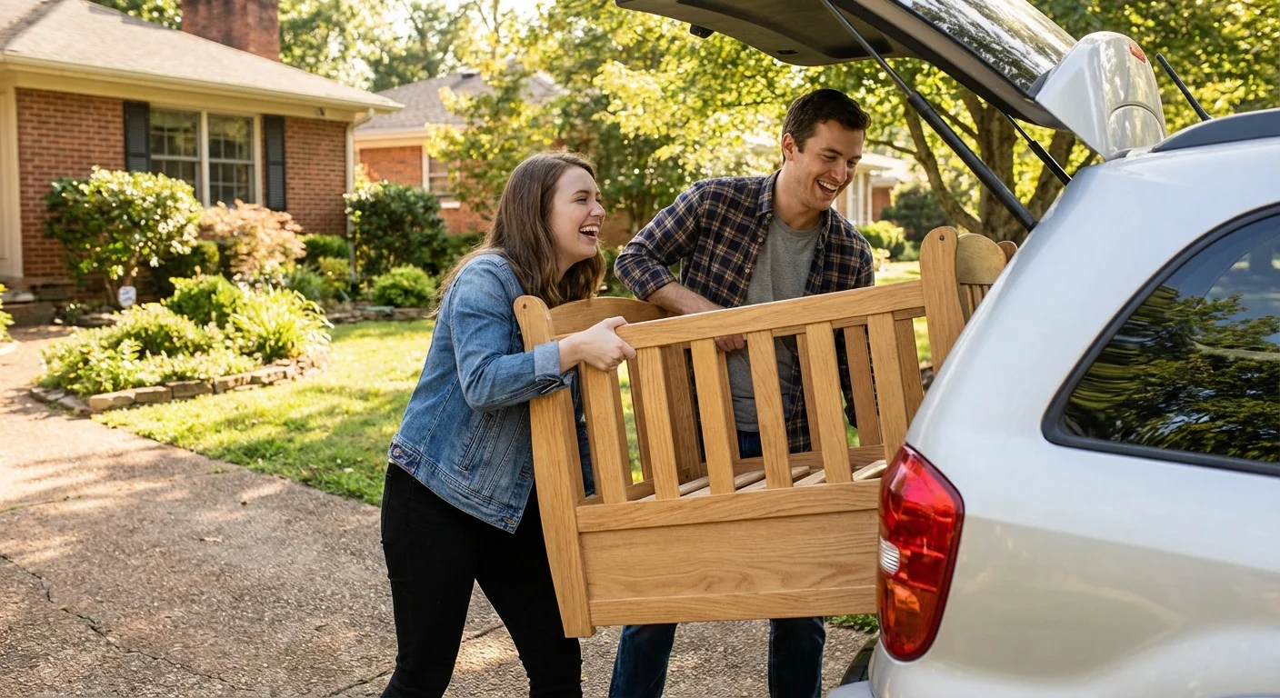 A couple loading a high-quality wooden crib into their car in a sunny driveway.