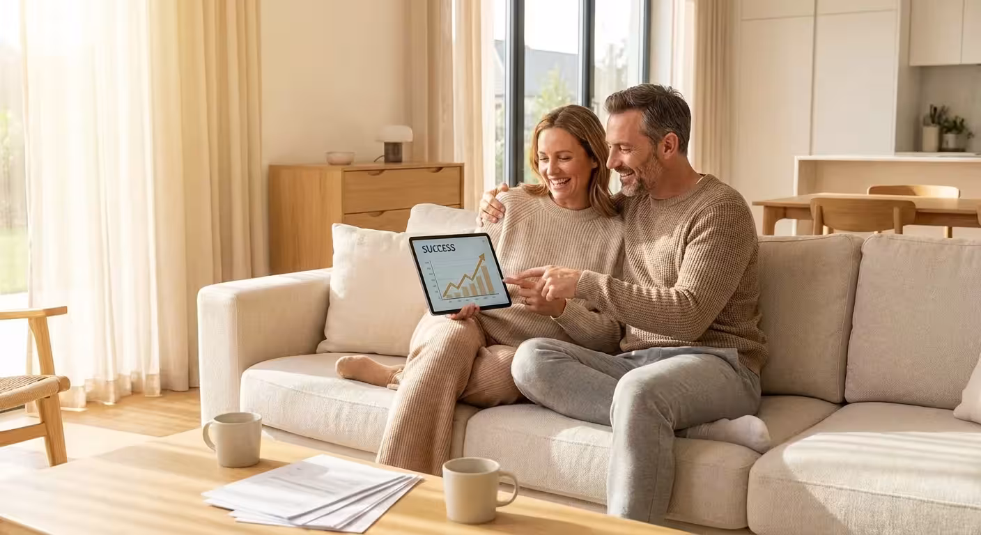 A smiling couple looking at a tablet in a bright, airy living room.