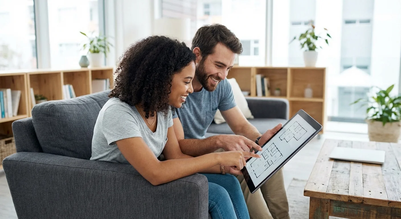 A couple collaboratively reviewing financial options on a tablet.