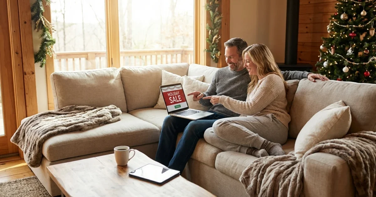 Happy couple on a sofa browsing holiday sales on a laptop near a Christmas tree