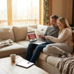 Happy couple on a sofa browsing holiday sales on a laptop near a Christmas tree