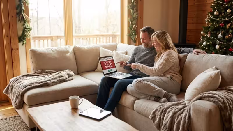 Happy couple on a sofa browsing holiday sales on a laptop near a Christmas tree