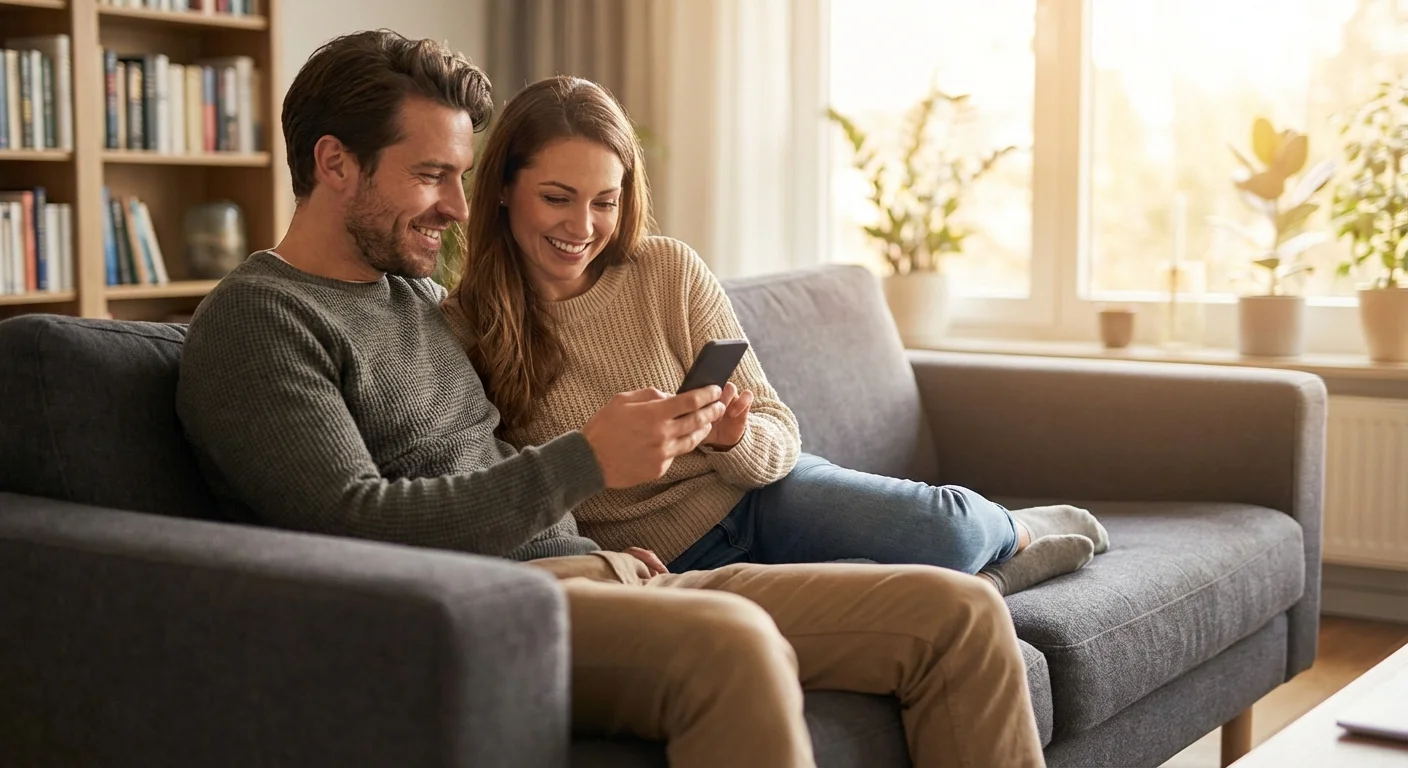 A couple sitting on a sofa together, looking at a smartphone and smiling.