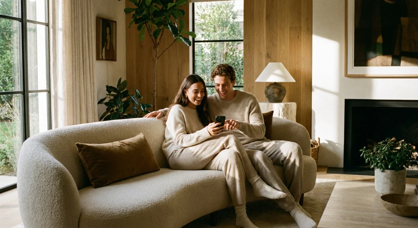 A couple sitting on a sofa together looking at a smartphone app.