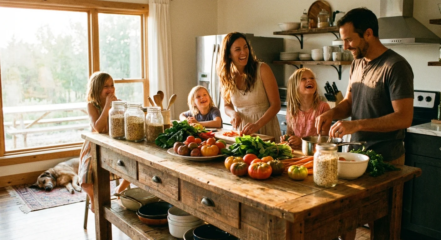A family preparing a meal with fresh produce in a sunlit kitchen.