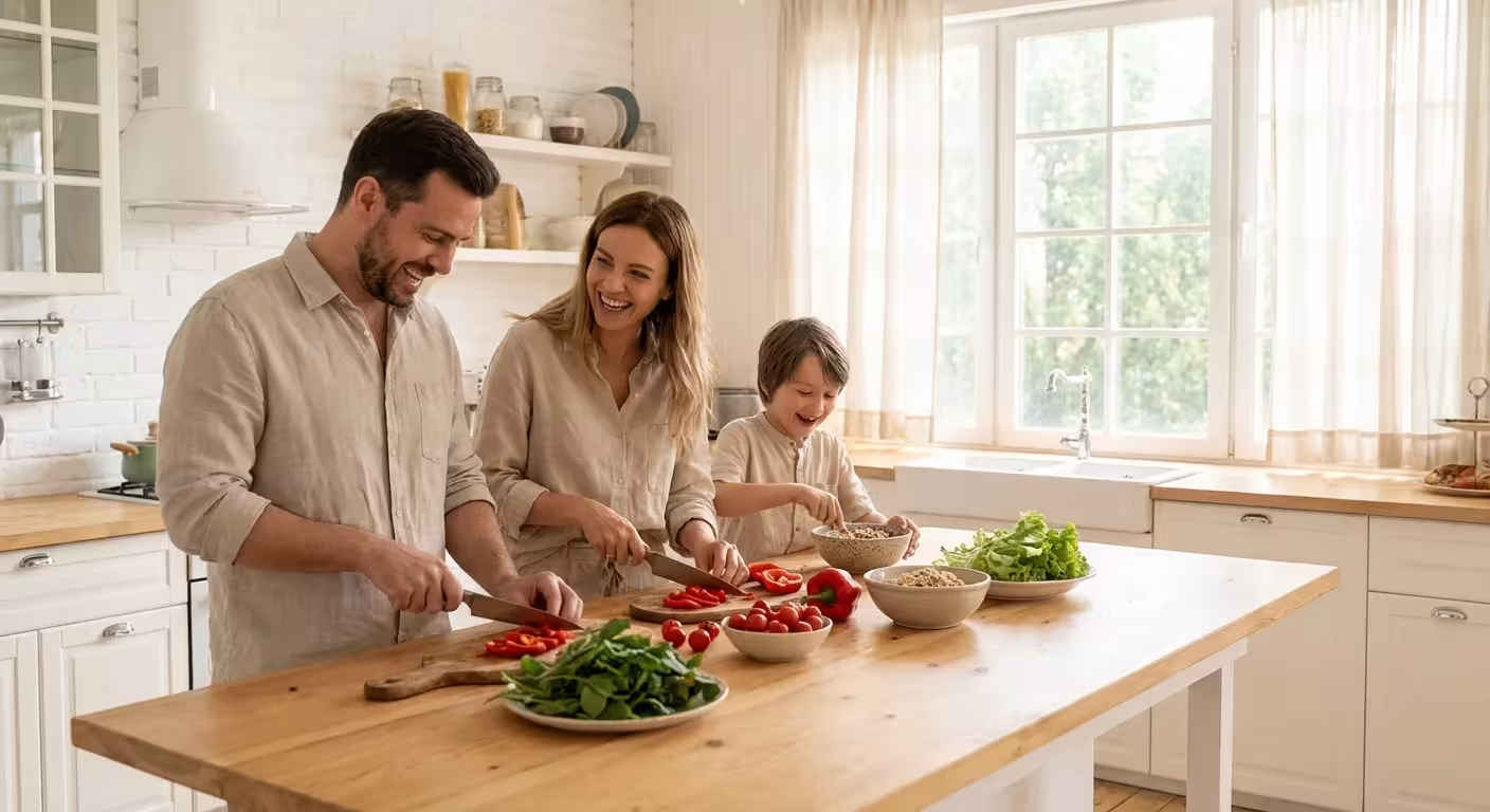 A happy family laughs while preparing fresh vegetables together in a bright, modern kitchen.