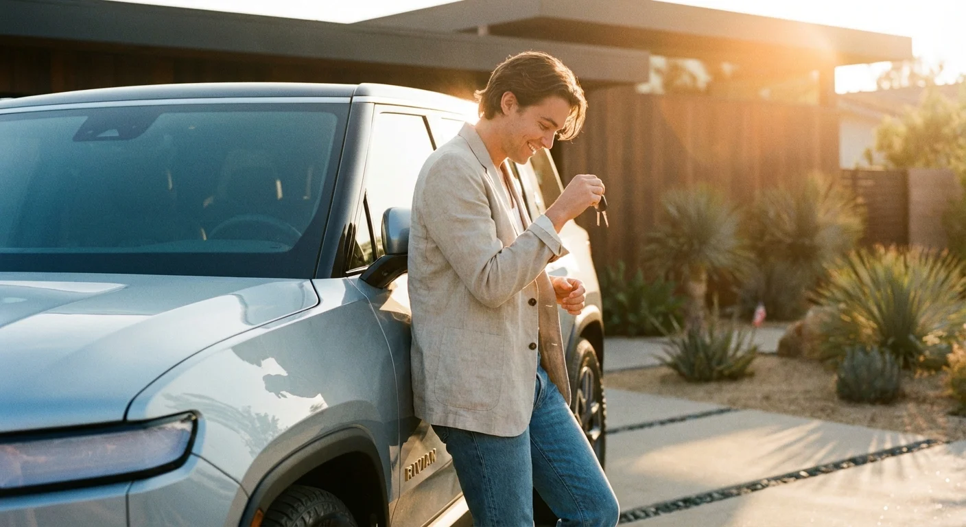 Smiling man holding car keys while leaning on a silver electric truck at sunset.