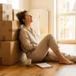 Happy woman sitting on a wooden floor leaning against cardboard boxes in a sunlit room