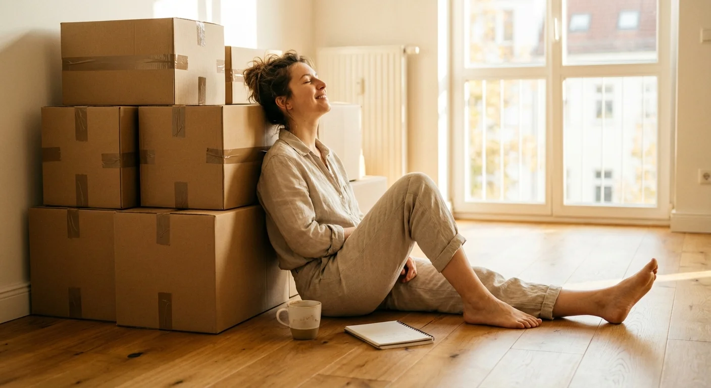 Happy woman sitting on a wooden floor leaning against cardboard boxes in a sunlit room