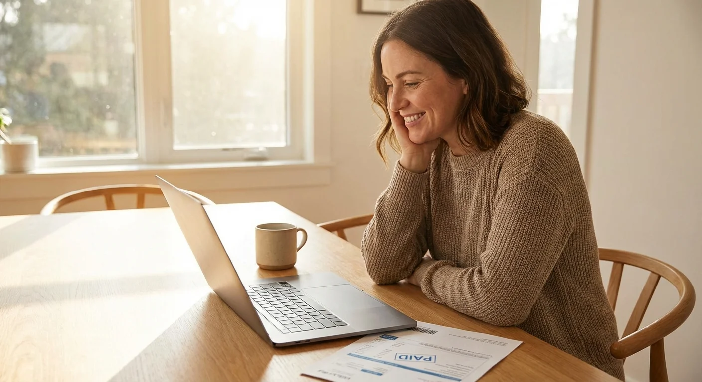 A person looking happy while reviewing a utility bill at a sunlit desk.