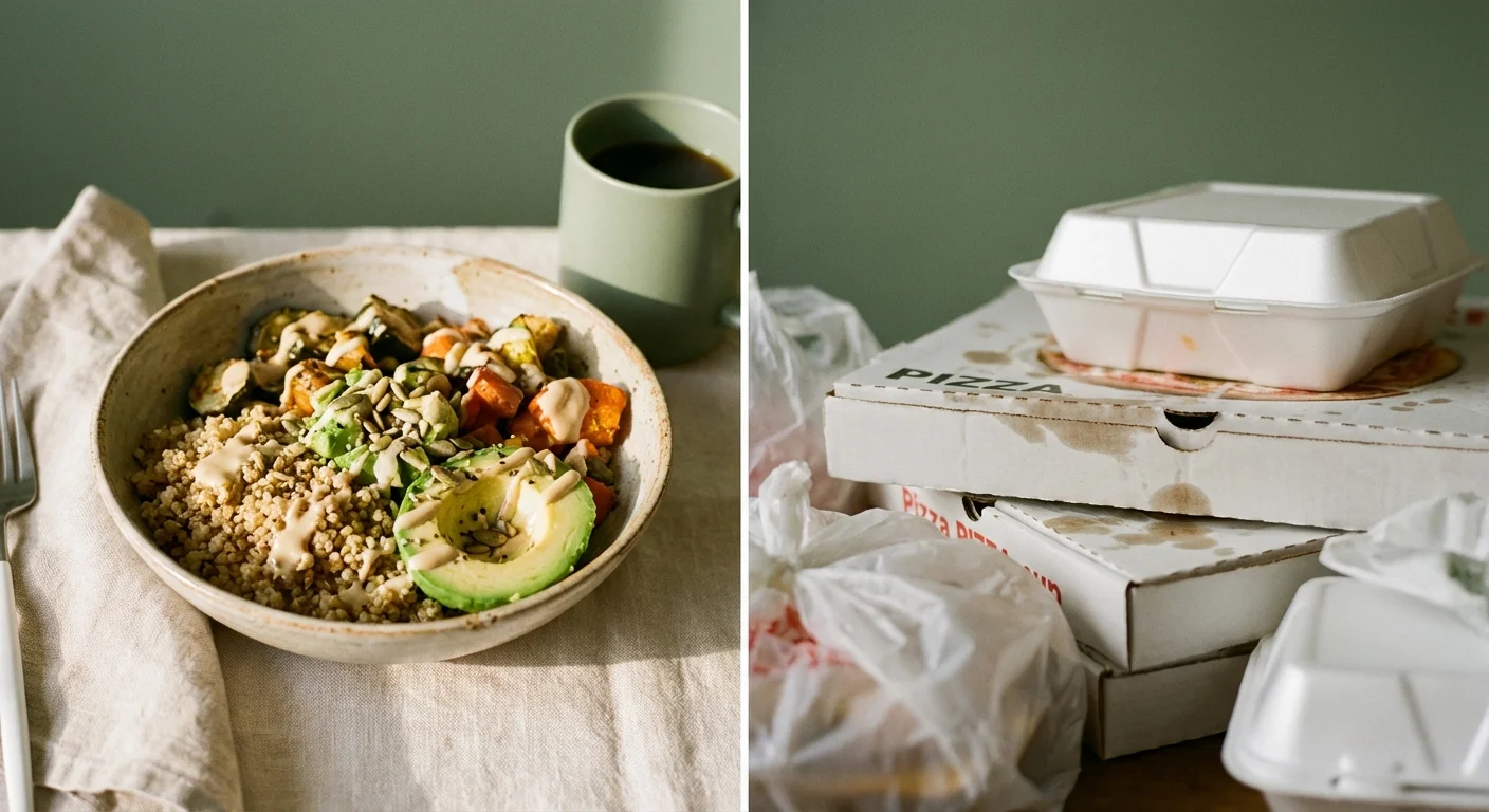 Comparison between a healthy home-cooked meal and expensive takeout containers.