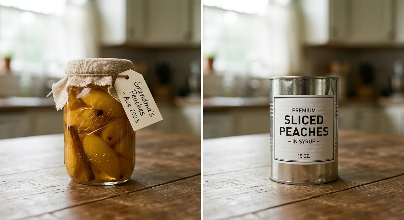 A homemade jar of peaches next to a generic store-bought tin can.