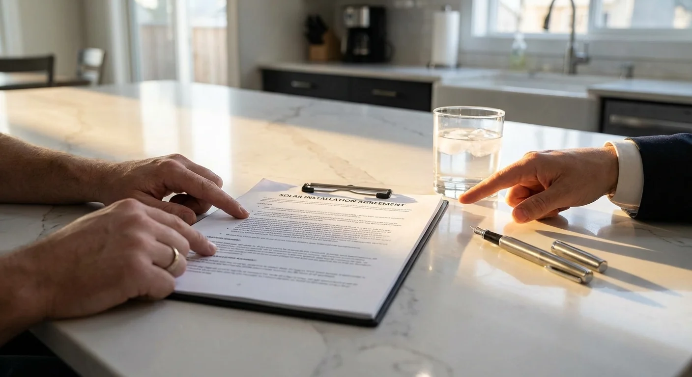 Close-up of a solar installation contract on a kitchen counter with warm sunlight.