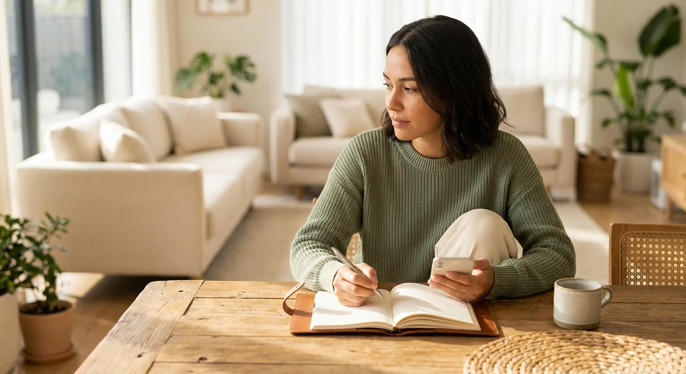 A person thoughtfully reviewing finances on a phone and notebook in a bright, modern room.