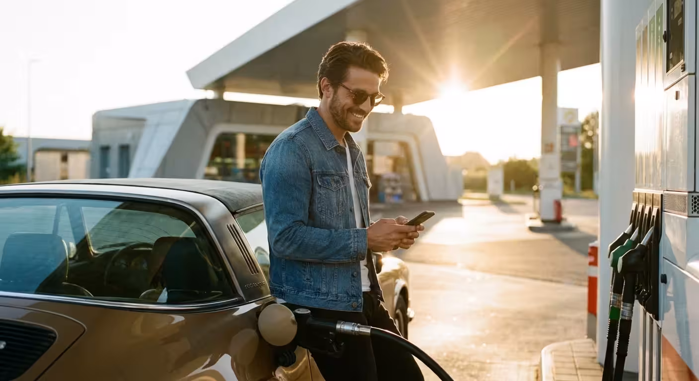 A person smiling while refueling their car at a gas station during a golden sunset, looking at their phone.