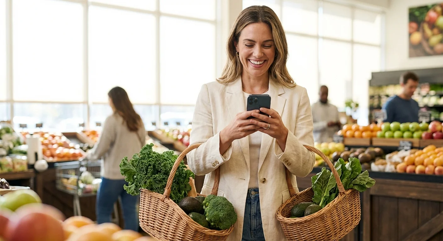A savvy shopper using a smartphone app in a bright grocery store produce aisle.