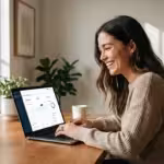 A young professional reviewing their net worth dashboard on a laptop in a bright, modern office.