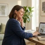 A professional woman working in a bright, modern home office, symbolizing financial confidence.