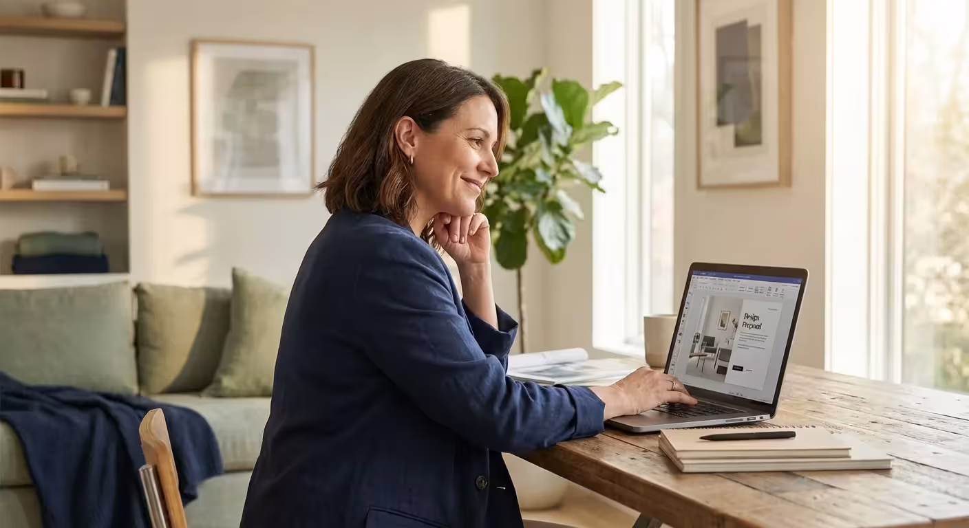 A professional woman working in a bright, modern home office, symbolizing financial confidence.