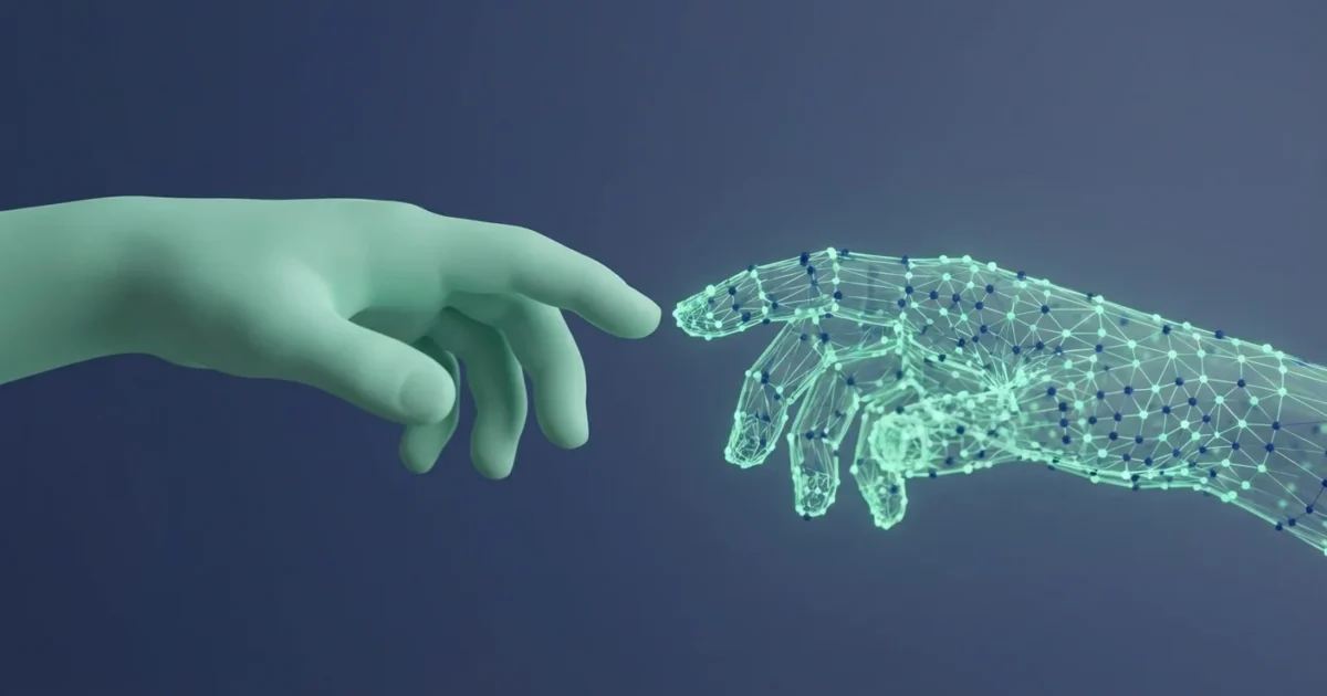 Teal human-like hand reaching towards a glowing digital network hand against a dark background