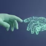 Teal human-like hand reaching towards a glowing digital network hand against a dark background
