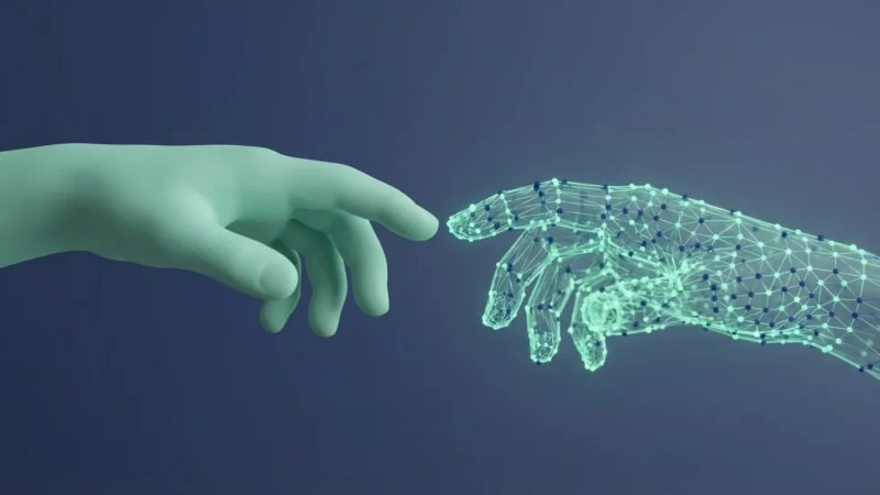 Teal human-like hand reaching towards a glowing digital network hand against a dark background