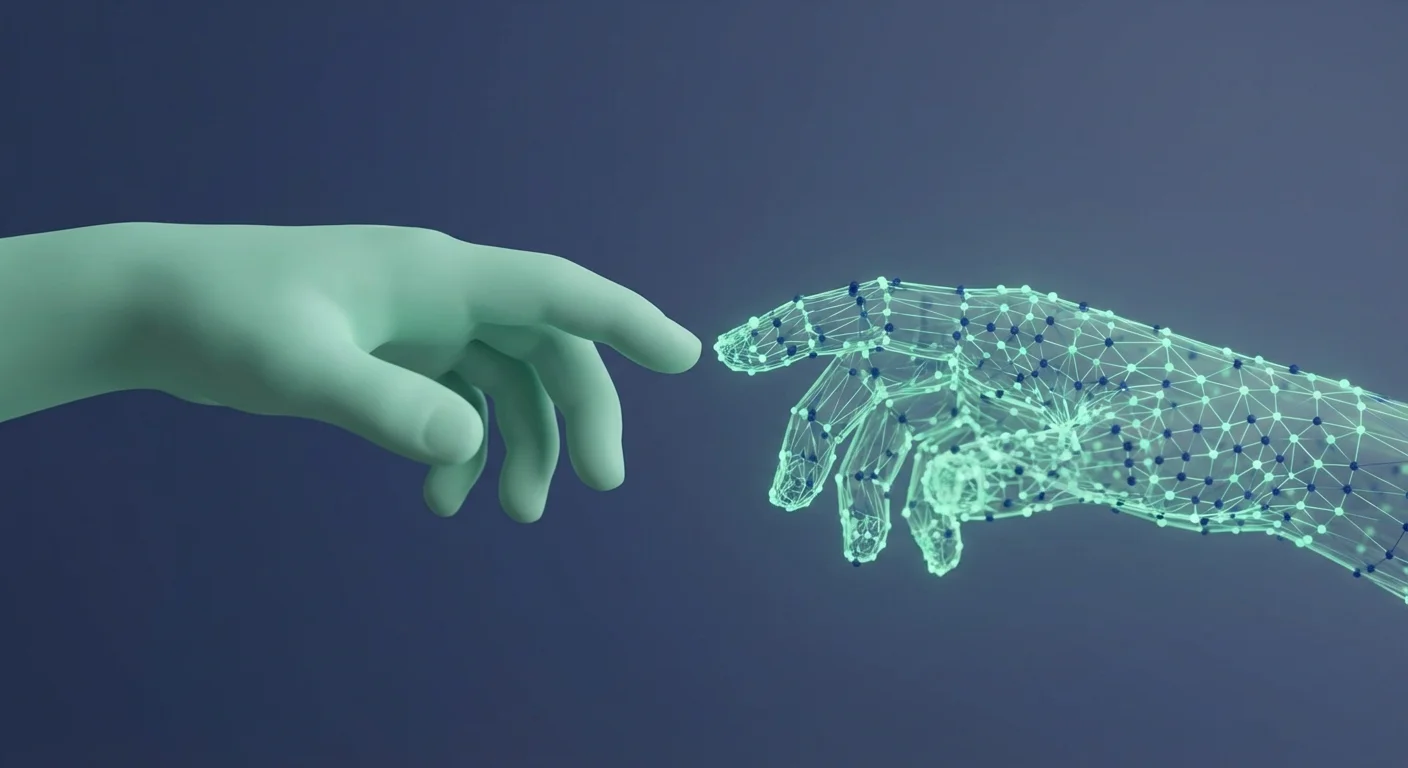 Teal human-like hand reaching towards a glowing digital network hand against a dark background