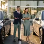 A couple comparing two similar SUVs at a bright car dealership during golden hour.