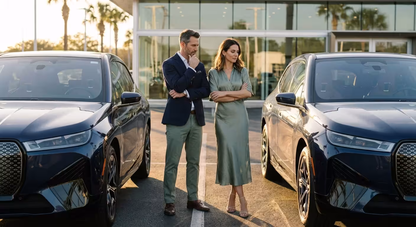 A couple comparing two similar SUVs at a bright car dealership during golden hour.
