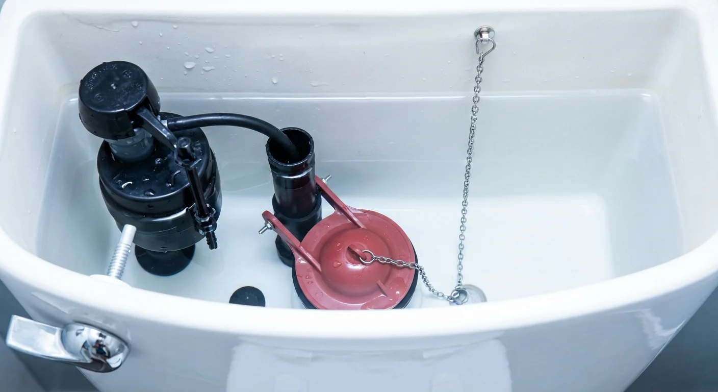A detailed internal view of a toilet tank showing the flapper, fill valve, and lift chain.