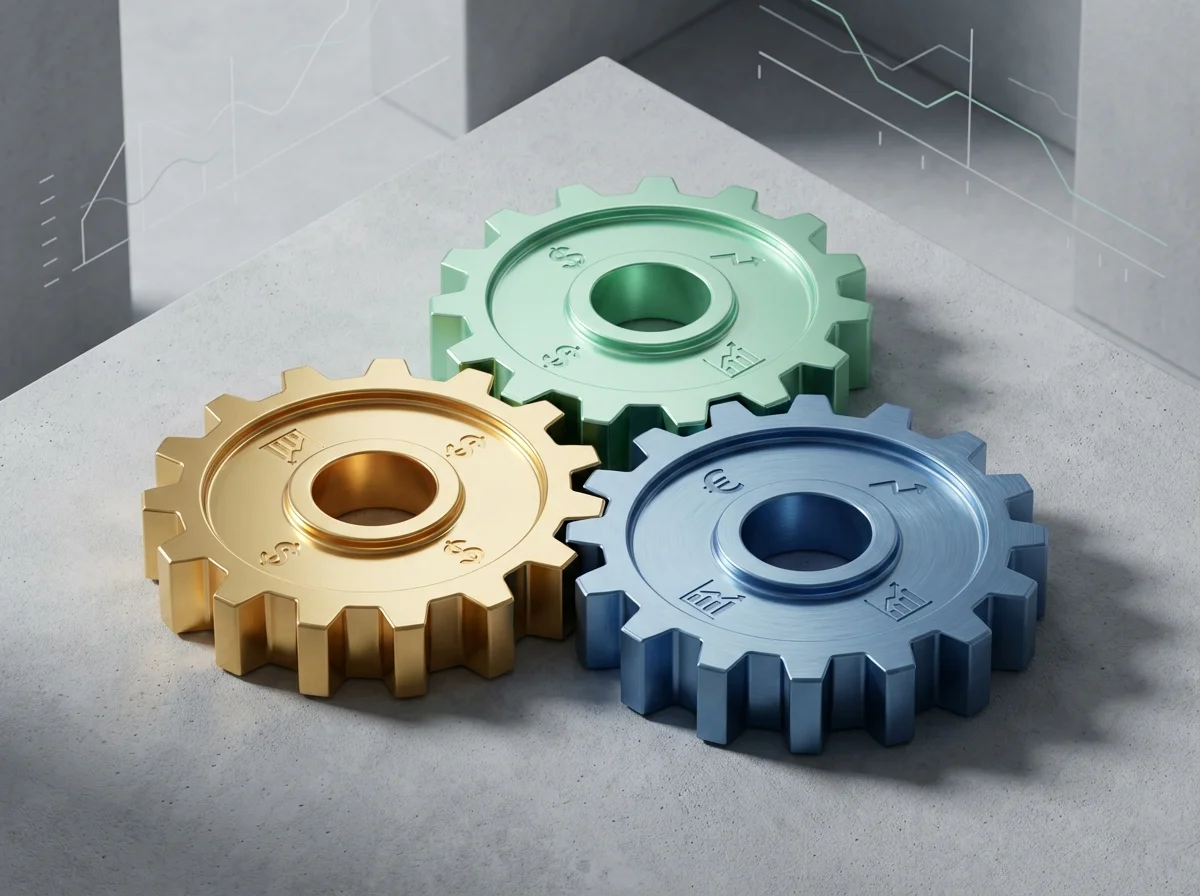 Interlocking 3D gears in gold and green representing the mechanics of saving money.