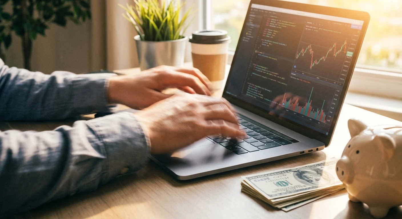 Hands typing on a laptop next to a piggy bank, symbolizing active financial progress.