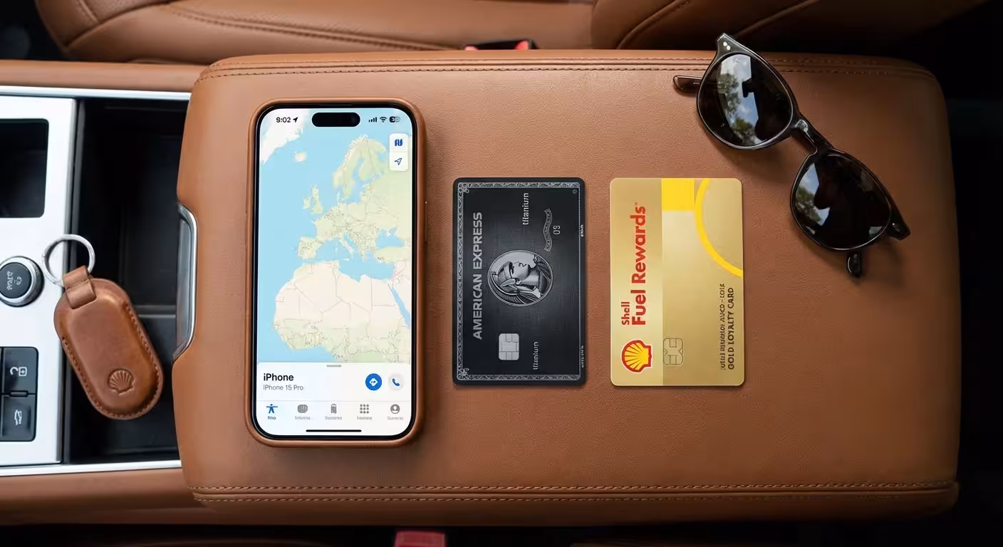 A smartphone, credit card, and loyalty card on a car console.