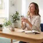 A person looking relieved while using a smartphone in a bright, modern home office.