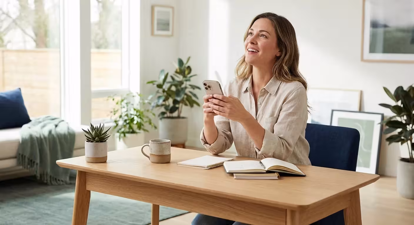 A person looking relieved while using a smartphone in a bright, modern home office.