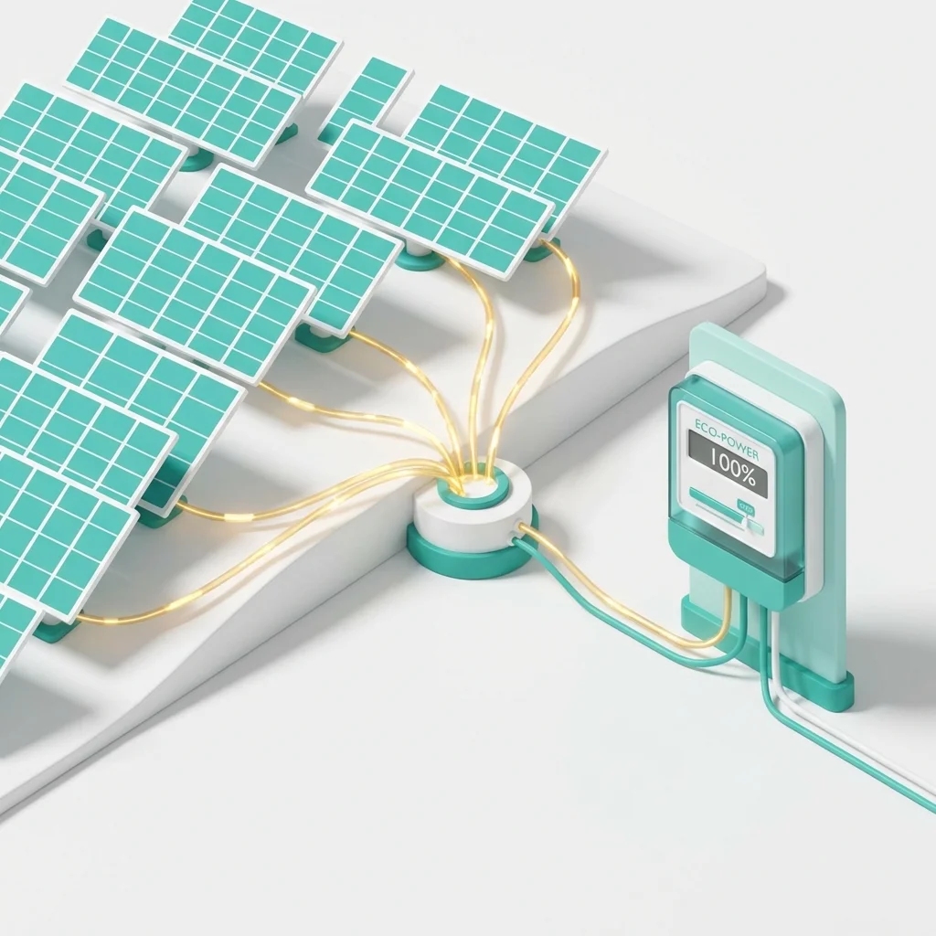Isometric 3D render showing energy flowing from solar panels to a power meter.