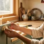 A person installs new brass hardware on a sage green cabinet in a bright kitchen.