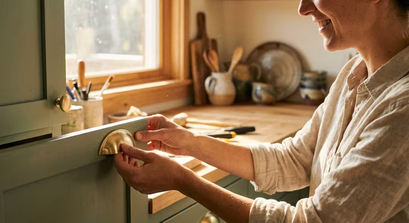 A person installs new brass hardware on a sage green cabinet in a bright kitchen.