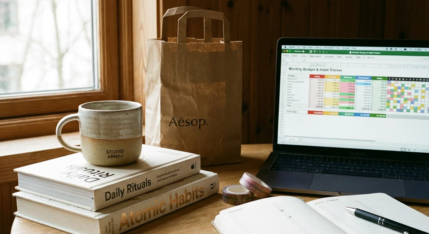 A coffee cup and shopping bag next to a laptop, representing common spending categories.