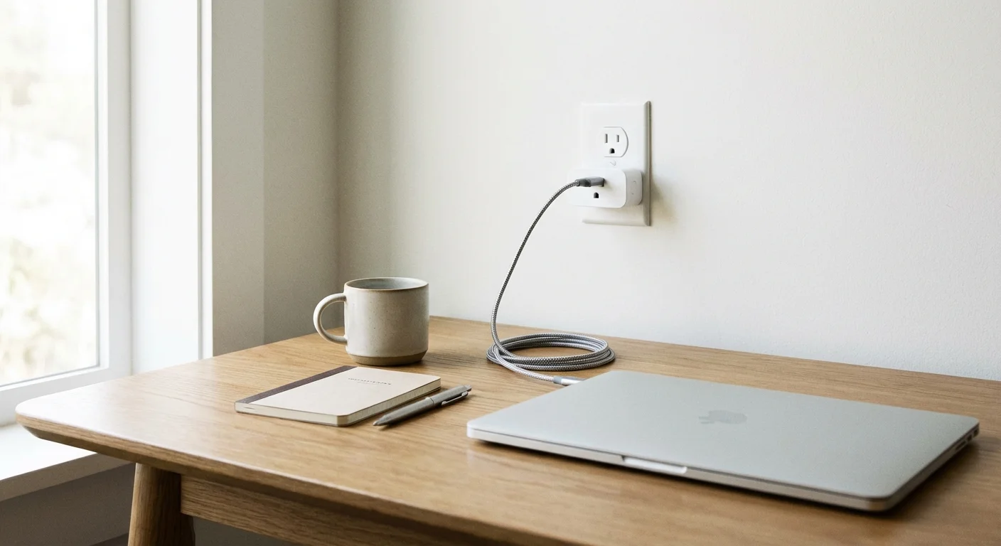 A smart plug used in a home office outlet to manage power for electronic devices.