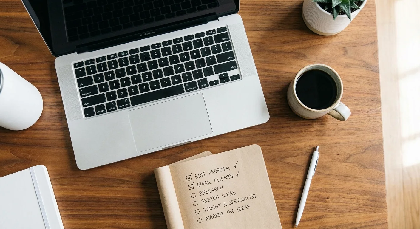 A top-down view of a clean workspace with a notebook and laptop.