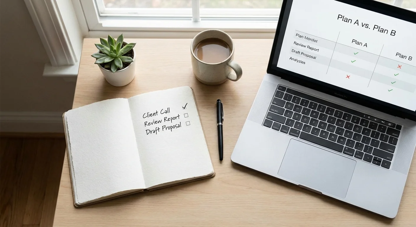 An organized desk with a checklist and laptop prepared for a negotiation call.