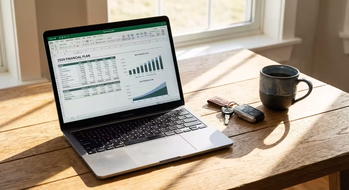A budget spreadsheet on a laptop screen next to car keys on a wooden desk.