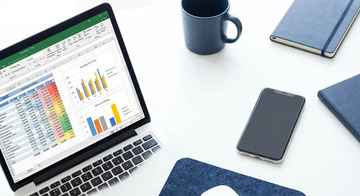 A laptop showing a detailed budget spreadsheet next to a smartphone on a clean white desk.